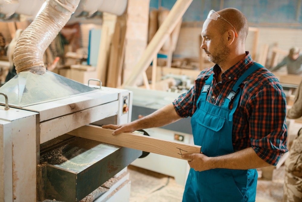 Le charpentier travaille sur la machine plane, le travail du bois