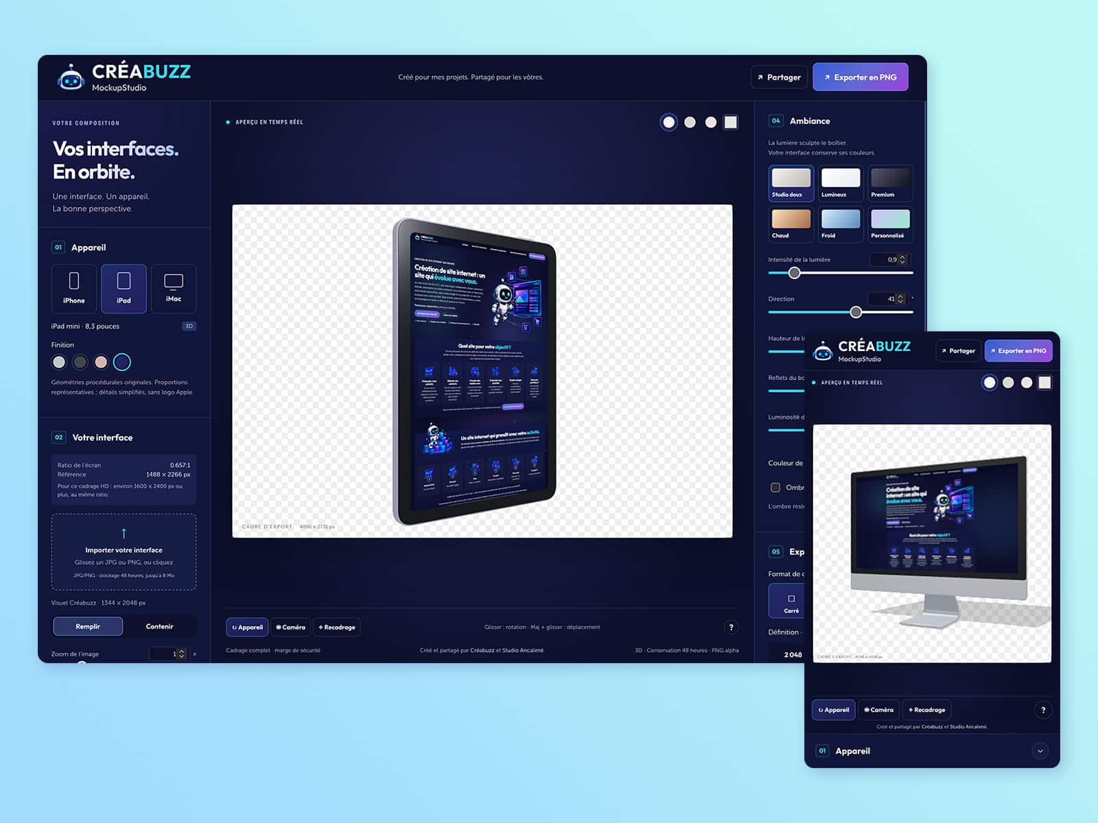 CréaBuzz Mockup Studio – Générateur de mockups 3D gratuit